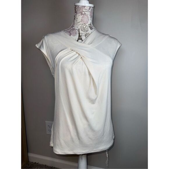 ANN TAYLOR Cream Wrap Front Sleeveless Blouse Top Shirt Size LP Large Peti - Picture 1 of 5